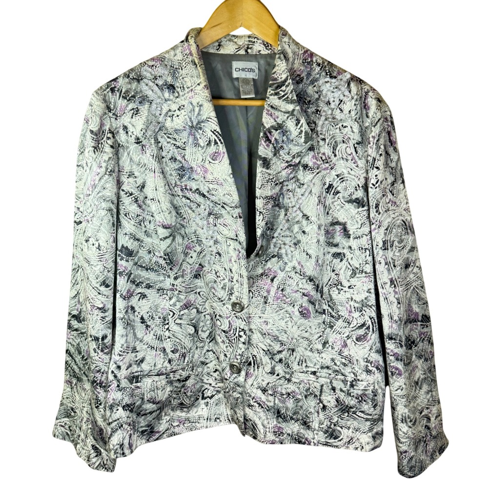 Chico's Purple Pretty Print Beaded Silk Blend Parmenia Jacket Size 3 (US‎ 16)
